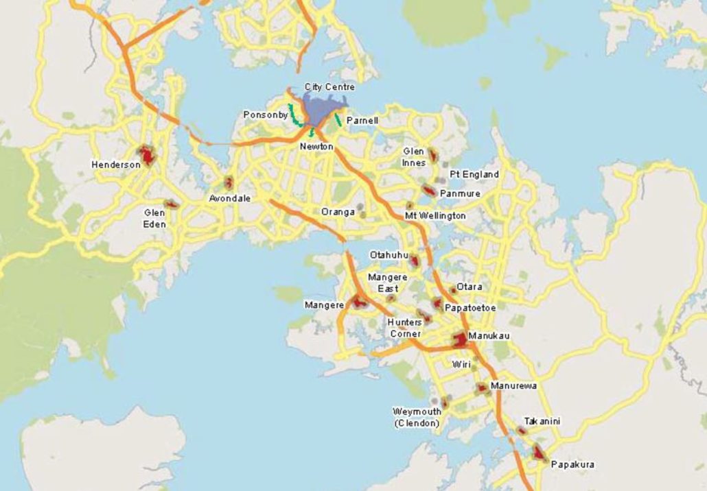 A Map of Priority Overlay Areas in Auckland outlined in the local alcohol policy